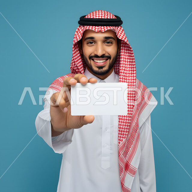استخدام بطاقة توضيحية تعريفية، بورتريه مقرب لرجل عربي خليجي سعودي مبتسم يرتدي الشماغ والثوب التقليدي يحمل بيده موك أب ينظر إلى الكاميرا بتعابير السرور والسعادة، كروت إعلان وعرض تسويقي، كرت أبيض مستطيل فارغ، مفهوم التسويق لشيء ما، خلفية زرقاء