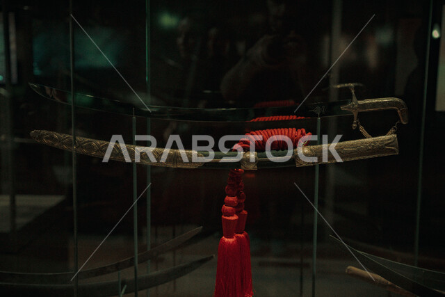  Ancient war and defense tools and weapons, civilization and history of the Kingdom of Saudi Arabia, famous landmark and tourist place, antique sword in the historical Al-Bujairi Lookout Museum in Diriyah in Riyadh, a world heritage site, attracting and attracting tourists from all over the world
