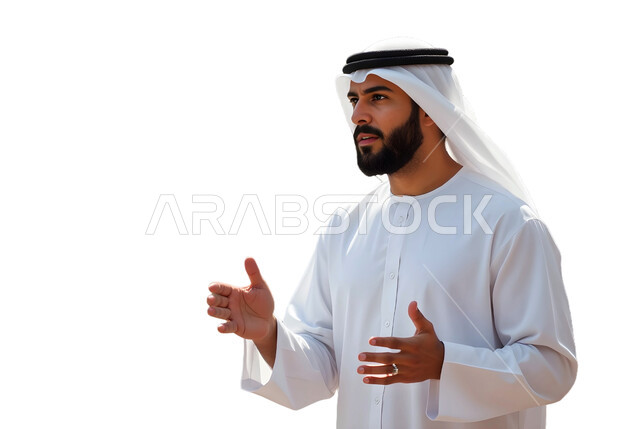 العناية والاهتمام بالمظهر الخارجي، مفهوم الأناقة والرجولة، بورتريه مقرب لرجل عربي خليجي سعودي يرتدي الثوب التقليدي والغترة يرفع يديه ينظر إلى الكاميرا بتعابير الثقة بالنفس، رفع اليدين بإيماءات التفاعل أثناء الحديث، خلفية بيضاء