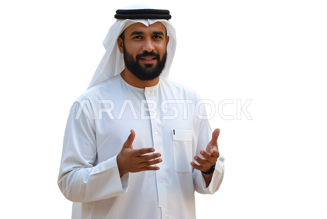 Raising hands with gestures of interaction while talking, care and attention to outward appearance, concept of elegance and masculinity, close-up portrait of a Saudi Arabian Gulf man wearing traditional thobe and ghutra raising his hands looking at the camera with expressions of self-confidence, white background