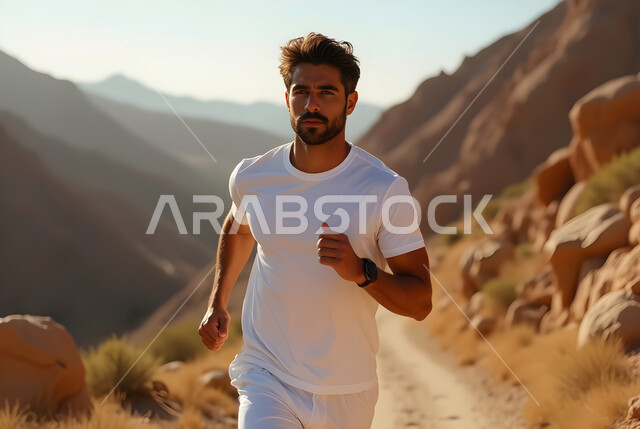 Exercising on mountain peaks and heights in Saudi Arabia, a young Saudi Arabian Gulf man wearing sportswear is jogging to keep fit, outdoor physical activity during the day, health and fitness