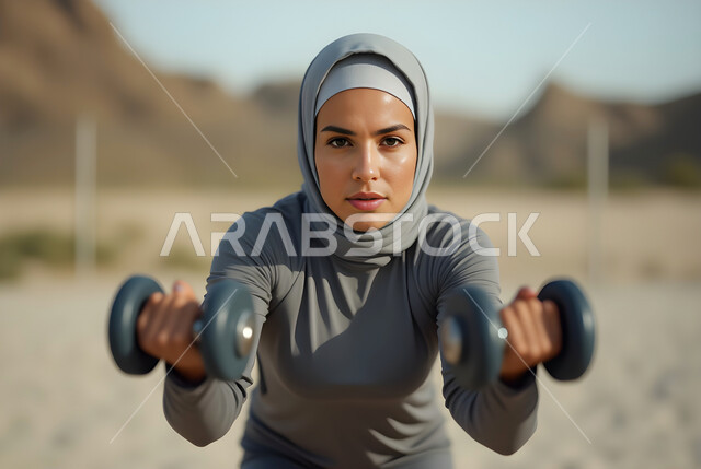 ممارسة التمارين الرياضية مع الدمبل في الهواء الطلق، حرق الدهون والسعرات الحرارية, امرأة عربية خليجية سعودية ترتدي الحجاب وملابس الرياضة تقوم برفع الأثقال تنظر إلى الكاميرا بإيماءات القوة والثقة بالنفس، نشاط بدني للمحافظة على الصحة واللياقة الجسدية