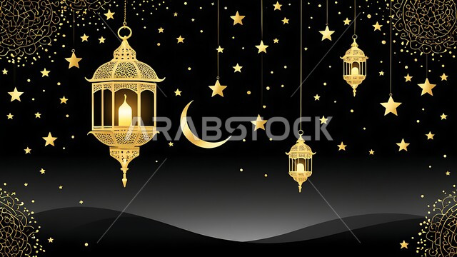 البهجة بقدوم رمضان المبارك، منظر النجوم اللامعة مع الهلال, الأجواء الرمضانية الروحانية في المملكة العربية السعودية, فوانيس معدنية مزخرفة مضيئة، الاحتفال بالمناسبات الدينية الإسلامية, مصباح عربي تقليدي, زينة واكسسوار شهر الخير