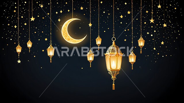 منظر النجوم اللامعة مع الهلال, الأجواء الرمضانية الروحانية في المملكة العربية السعودية, فوانيس معدنية مزخرفة مضيئة، الاحتفال بالمناسبات الدينية الإسلامية, مصباح عربي تقليدي, زينة واكسسوار شهر الخير, البهجة بقدوم رمضان المبارك