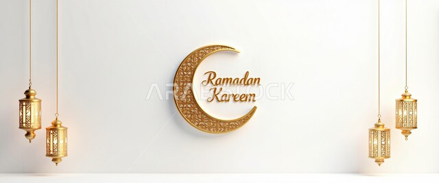 مخطوطة رمضان كريم باللغة الإنجليزية, فوانيس معدنية مزخرفة مضيئة مع الهلال, مصباح عربي تقليدي, الأجواء الرمضانية الروحانية في المملكة العربية السعودية, زينة واكسسوار شهر الخير, الاحتفال بالمناسبات الدينية الإسلامية, البهجة بقدوم رمضان المبارك, خلفية بيضاء