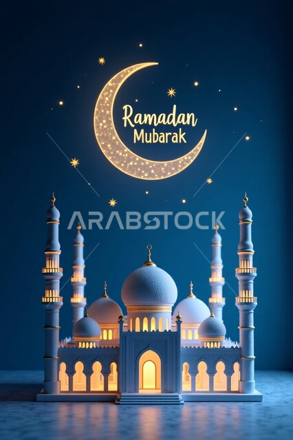 Architectural art of domes and minarets of mosques, 3D model of a white mosque with a crescent moon, joy of the coming of the holy month of Ramadan, spiritual Ramadan atmosphere in the Kingdom of Saudi Arabia, celebration of Islamic religious occasions, decorations and accessories for the month of goodness