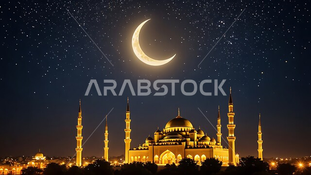مسجد على الطراز العربي الإسلامي، الفن الهندسي المعماري للقبب والمآذن في مساجد المملكة العربية السعودية، مفهوم العبادة والتقرب إلى الله تعالى, منظر النجوم اللامعة مع الهلال في السماء في الليل، أداء فريضة الصلاة على وقتها