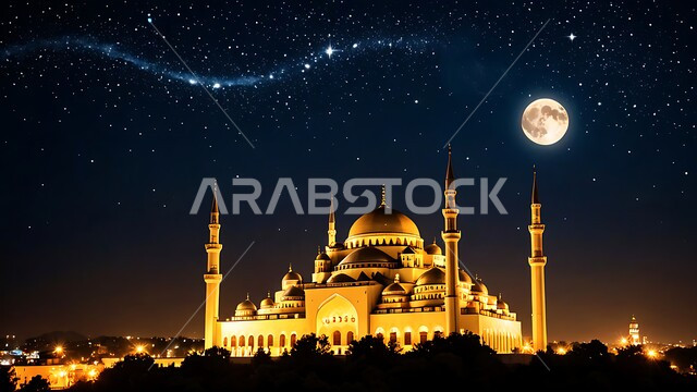 منظر النجوم اللامعة مع القمر المكتمل في السماء في الليل، مسجد على الطراز العربي الإسلامي، الفن الهندسي المعماري للقبب والمآذن في مساجد المملكة العربية السعودية، مفهوم العبادة والتقرب إلى الله تعالى, أداء فريضة الصلاة على وقتها