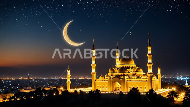 Architectural engineering art of domes and minarets in mosques of Saudi Arabia, a mosque in the Arab Islamic style, the concept of worship and getting closer to God Almighty, the view of the bright stars with the crescent moon in the sky at night, performing the obligatory prayer on time