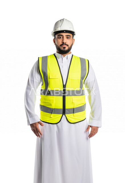Portrait of a Saudi Arabian Gulf engineer wearing a helmet and work jacket, a professional architect looking at the camera, engineering professions and jobs, white background