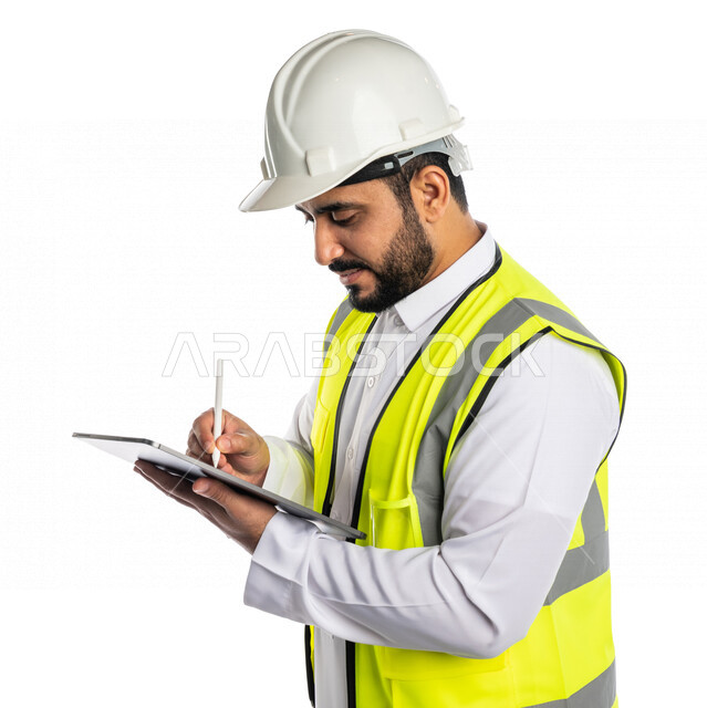 Portrait of a Saudi Arabian Gulf engineer wearing a helmet and work jacket, using a tablet device while working, drawing blueprints using the device’s pen, writing and identifying something, browsing projects, white background