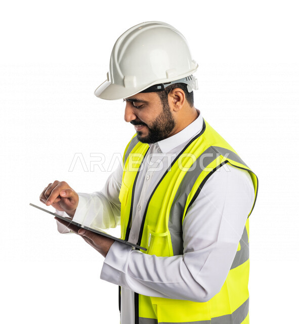 بورتريه لمهندس عربي خليجي سعودي يرتدي الخوذة والسترة الخاصة بالعمل ، يستخدم جهاز التابلت اثناء العمل ،النقر على الشاشة باصبع السبابة ،رسم المخططات ،كتابة وتحديد شيء ما ،تصفح المشاريع ،خلفية بيضاء