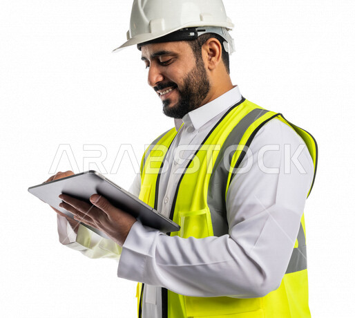بورتريه لمهندس عربي خليجي سعودي يرتدي الخوذة والسترة الخاصة بالعمل ، يستخدم جهاز التابلت اثناء العمل ،رسم المخططات الخاصة بالعمل ،كتابة وتحديد شيء ما ،تصفح المشاريع ،خلفية بيضاء