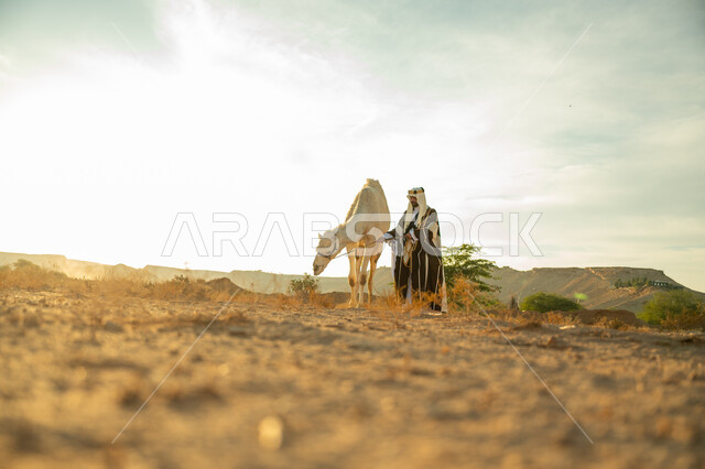 ارتباط الإبل بالأصالة والعراقة، الاهتمام والعناية بتربية حيوانات الجمال، يوم بدينا 22 فبراير، ذكرى تأسيس الدولة السعودية الأولى في 1727م، ارتداء الزي الشعبي في المناسبة الوطنية، رجل عربي خليجي سعودي يرتدي العقال الذهبي والبشت يقف بجانب حيوان الجمل في الصحراء