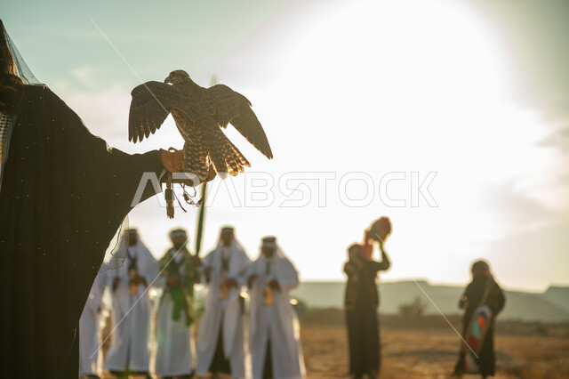 يوم بدينا 22 فبراير، مفهوم الافتراس وحدة البصر, مكانة الصقور في التاريخ السعودي, تربية الطائر الجارح، مناسبة وطنية شعبيه, ذكرى تاسيس الدوله السعوديه الاولى 1727م, صورة مقربة ليد امرأة عربية خليجية سعودية يقف على يدها الصقر, خلفية العرضة النجدية في الصحراء