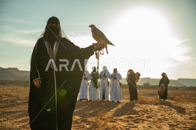 مفهوم الافتراس وحدة البصر, مكانة الصقور في التاريخ السعودي, تربية الطائر الجارح، ذكرى تاسيس الدوله السعوديه الاولى 1727م, يوم بدينا 22 فبراير، امرأة عربية خليجية سعودية ترتدي البشت النسائي السعودي و البرقع يقف على يدها الصقر, خلفية العرضة النجدية في الصحراء