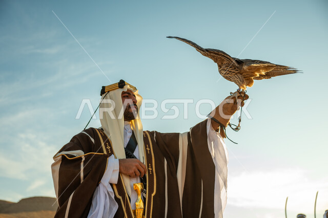 ذكرى تاسيس الدوله السعوديه الاولى 1727 م, يوم بدينا 22 فبراير، مناسبة وطنيه شعبيه, الاهتمام بتربية الطيور و تدريبها, مكانة الصقور في التاريخ السعودي, صورة مقربة لرجل عربي خليجي سعودي يرتدي الغترة والبشت يحمل على يده طائر الصقر بتعابير الفخر