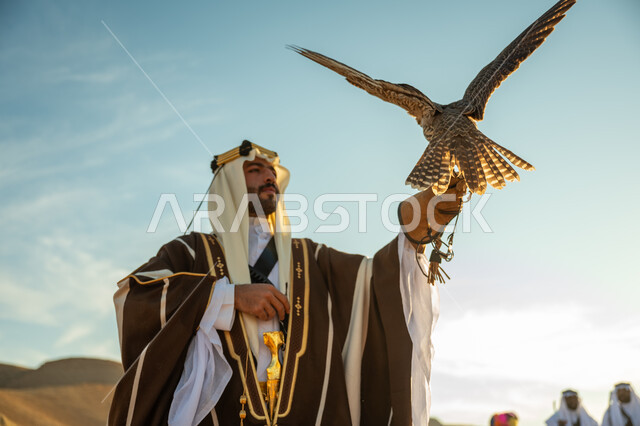ذكرى تاسيس الدوله السعوديه الاولى 1727 م, يوم بدينا 22 فبراير، مناسبة وطنيه شعبيه, الاهتمام بتربية الطيور و تدريبها, مكانة الصقور في التاريخ السعودي, صورة مقربة لرجل عربي خليجي سعودي يرتدي الغترة والبشت يحمل على يده طائر الصقر بتعابير الفخر