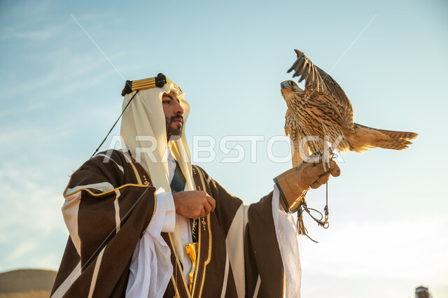 يوم بدينا 22 فبراير، مناسبة وطنيه شعبيه, الاهتمام بتربية الطيور و تدريبها, مكانة الصقور في التاريخ السعودي, صورة مقربة لرجل عربي خليجي سعودي يرتدي الغترة والبشت يحمل على يده طائر الصقر بتعابير الفخر, ذكرى تاسيس الدوله السعوديه الاولى 1727 م