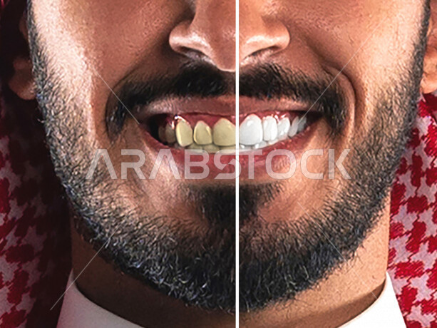 صورة مقربة لرجل عربي سعودي خليجي يبتسم ويظهر الأسنان قبل وبعد التنظيف والتبييض  , العناية بالأسنان وصحة اللثة , الإبتسامة المثالية , مفهوم صحة الأسنان , تبييض الأسنان .