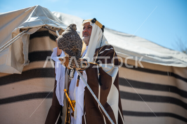 Taming and training birds of prey, wearing traditional costume on the national occasion, the day of our beginning, February 22, a Saudi Gulf Arab man wearing a golden headband and a bisht stands next to a tent in the desert holding a falcon in his hand, the anniversary of the founding of the first Saudi state in 1727 AD, a symbol of strength, challenge and sharpness of vision