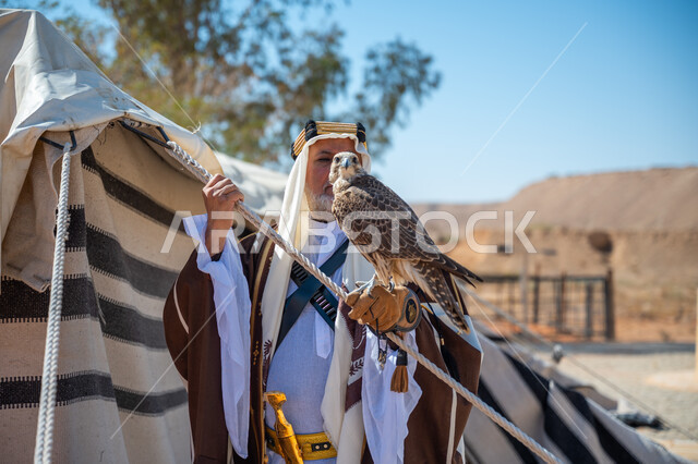 ترويض وتدريب الطيور الجارحة، ارتداء الزي الشعبي في المناسبة الوطنية، يوم بدينا  22 فبراير، رجل عربي خليجي سعودي يرتدي العقال الذهبي والبشت يقف بجوار خيمة في الصحراء يحمل طائر الصقر على يده, ذكرى تأسيس الدولة السعودية الأولى في 1727م، رمز القوة والتحدي وحدة البصر