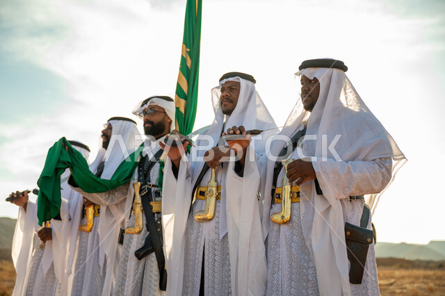 The day we started, February 22, reviving the Saudi heritage with a folkloric show in one of the desert areas of the Kingdom, a band celebrating the National Day with sword dancing and drum beating, the anniversary of the founding of the first Saudi state in 1727 AD, the concept of love of the homeland and belonging to it, wearing the popular Najdi Ardah costume on a national occasion