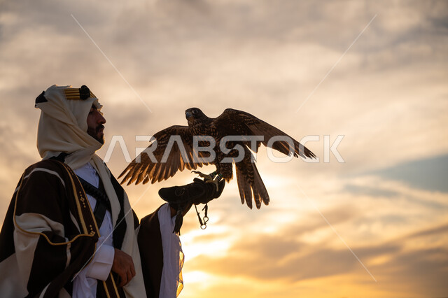 ذكرى تأسيس الدوله السعوديه الاولى 1727 م, مكانة الصقور في التاريخ السعودي, رمز القوة والتحدي وحدة البصر, توارث شغف تربية الجوارح, منظر السماء عند شروق الشمس, يوم بدينا 22 فبراير، صورة مقربة من الجانب لرجل عربي خليجي سعودي يرتدي البشت والعقال يحمل طائر الصقر