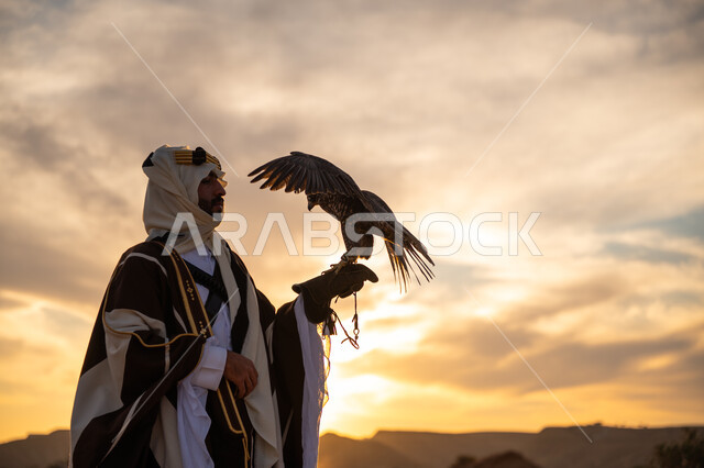 مكانة الصقور في التاريخ السعودي, رمز القوة والتحدي وحدة البصر, توارث شغف تربية الجوارح, ذكرى تأسيس الدوله السعوديه الاولى 1727 م, يوم بدينا 22 فبراير، صورة مقربة من الجانب لرجل عربي خليجي سعودي يرتدي البشت والعقال يحمل طائر الصقر, منظر السماء عند شروق الشمس