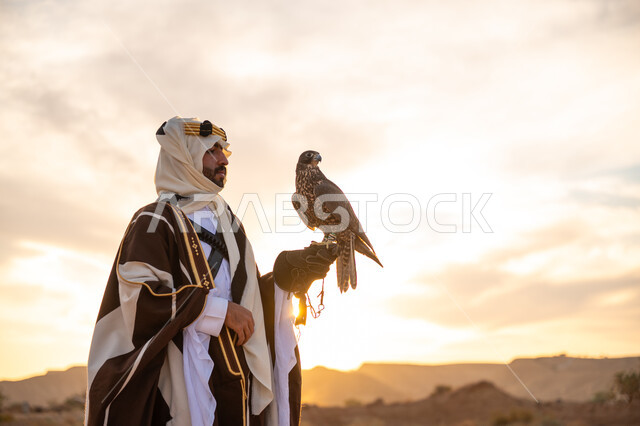 توارث شغف تربية الجوارح, رمز القوة والتحدي وحدة البصر, مكانة الصقور في التاريخ السعودي, ذكرى تأسيس الدوله السعوديه الاولى 1727 م, يوم بدينا 22 فبراير، صورة مقربة من الجانب لرجل عربي خليجي سعودي يرتدي البشت والعقال يحمل طائر الصقر, منظر السماء عند شروق الشمس