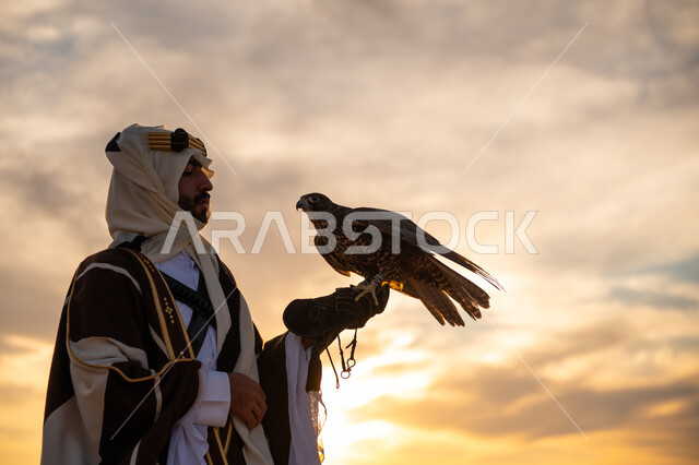 اهمية الصقور في التاريخ السعودي, رمز القوة والتحدي وحدة البصر, توارث شغف تربية الجوارح, منظر السماء عند شروق الشمس, يوم بدينا 22 فبراير، ذكرى تأسيس الدوله السعوديه الاولى 1727 م, صورة مقربة من الجانب لرجل عربي خليجي سعودي يرتدي البشت والعقال يحمل طائر الصقر