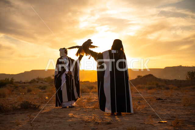 يوم بدينا 22 فبراير، غروب الشمس في الصحراء, توارث شغف تربية الجوارح, رمز القوة والتحدي وحدة البصر, اهمية الصقور في التاريخ السعودي, ذكرى تأسيس الدوله السعوديه الاولى 1727 م, رجل وامرأة عربيان خليجيان سعوديان يرتديان الزي الشعبي ويحملان طائر الصقر