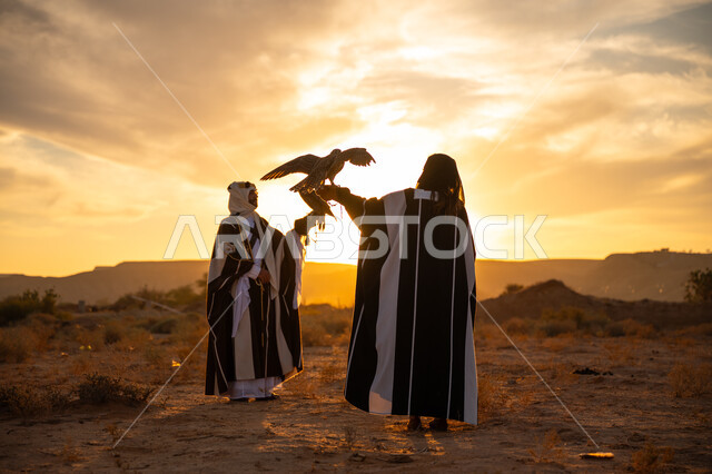 غروب الشمس في الصحراء, توارث شغف تربية الجوارح, رمز القوة والتحدي وحدة البصر, اهمية الصقور في التاريخ السعودي, ذكرى تأسيس الدوله السعوديه الاولى 1727 م, يوم بدينا 22 فبراير، رجل وامرأة عربيان خليجيان سعوديان يرتديان الزي الشعبي ويحملان طائر الصقر
