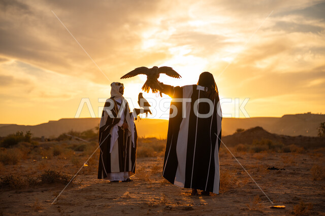 Anniversary of the founding of the first Saudi state 1727 AD, the day we started February 22, sunset in the desert, inheritance of the passion for raising birds of prey, a symbol of strength, challenge and sharp eyesight, the importance of falcons in Saudi history, a Saudi Gulf Arab man and woman wearing traditional dress and carrying a falcon