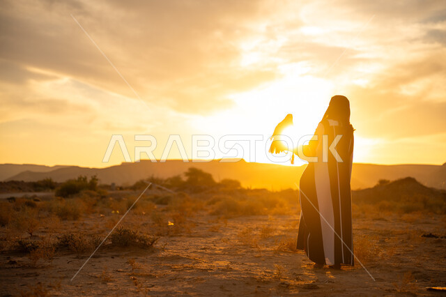 حدة البصر والافتراس, يوم بدينا 22 فبراير، ذكرى تاسيس الدوله السعوديه الاولى 1727م, إقدام المرأة على تربية الطائر الجارح، أهمية الصقور في التاريخ السعودي, صورة من الخلف لامرأة عربية خليجية سعودية ترتدي العباءة والبرقع يقف على يدها الصقر, غروب الشمس في الصحراء