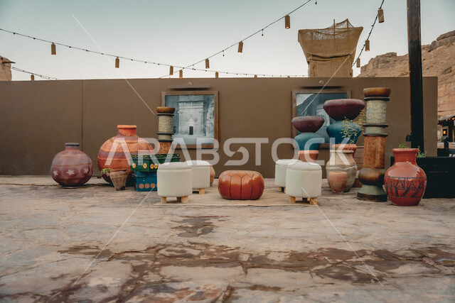 أكشاك بيع الجرات الفخار الشعبية والجرار التراثية في سوق البلدة القديمة بالعلا, الاماكن التاريخية الأثرية, السياحة في مدينة العلا, المعالم السياحية الثقافية المشهورة في المملكة العربية السعودية