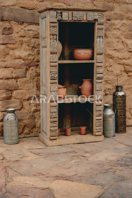 أكشاك بيع الجرات الفخار الشعبية والجرار المعدنية التراثية في سوق البلدة القديمة بالعلا, الاماكن التاريخية الأثرية, السياحة في مدينة العلا, المعالم السياحية الثقافية المشهورة في المملكة العربية السعودية