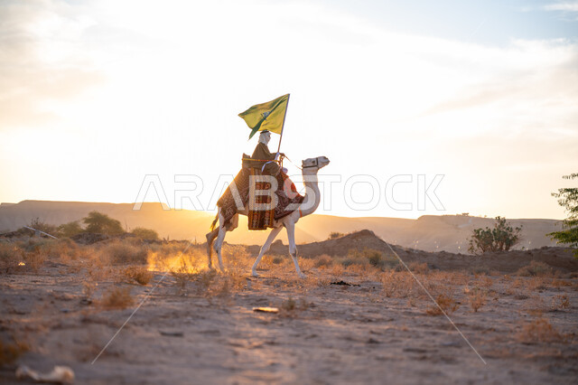 ذكرى تأسيس الدولة السعودية الأولى  1727م, ارتباط الإبل بالأصالة والعراقة, ارتداء الزي الشعبي في المناسبة الوطنية، يوم بدينا 22 فبراير, صورة من الجانب لرجل عربي خليجي سعودي يرتدي البشت التقليدي والغترة يمتطي الجمل وسط الصحراء ويحمل علم المملكة وقت غروب الشمس