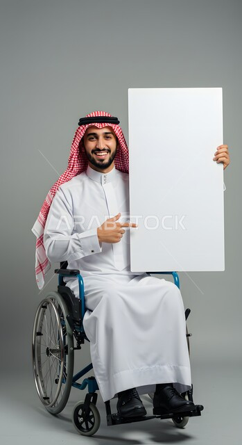 موك اب مربع أبيض، إعلان وعرض تسويقي، استخدام وسيلة تعليمية وتوضيحية، بورتريه لشاب عربي خليجي سعودي مقعد مبتسم يرتدي الثوب التقليدي والشماغ يجلس على كرسي متحرك يحمل بيده لوحة بيضاء فارغة يشير إليها بإصبع السبابة، خلفية رمادية