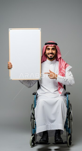 إعلان وعرض تسويقي، موك اب مربع أبيض، استخدام وسيلة تعليمية وتوضيحية، بورتريه لشاب عربي خليجي سعودي مقعد مبتسم يرتدي الثوب التقليدي والشماغ يجلس على كرسي متحرك يحمل بيده لوحة بيضاء فارغة يشير إليها بإصبع السبابة، خلفية رمادية