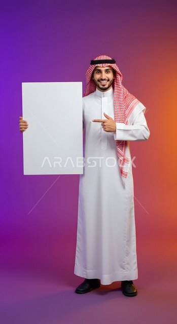 استخدام لوحة توضيحية ووسيلة تعليمية، إعلان وعرض تسويقي، موك اب مربع أبيض، بورتريه لشاب عربي خليجي سعودي مبتسم يرتدي الثوب التقليدي والشماغ يشير بيده إلى لوحه بيضاء مربعه فارغة ينظر إلى الكاميرا بإيماءات السرور، صورة الجسم بالطول الكامل، خلفية ملونة