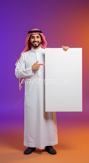 استخدام لوحة توضيحية ووسيلة تعليمية، إعلان وعرض تسويقي، موك اب مربع أبيض، بورتريه لشاب عربي خليجي سعودي مبتسم يرتدي الثوب التقليدي والشماغ يشير بيده إلى لوحه بيضاء مربعه فارغة ينظر إلى الكاميرا بإيماءات السرور، صورة الجسم بالطول الكامل، خلفية ملونة