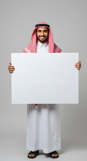 عرض وإعلان تسويقي، موك اب مربع أبيض، استخدام لوحة توضيحية ووسيلة تعليمية، بورتريه لشاب عربي خليجي سعودي مبتسم يرتدي الثوب التقليدي والشماغ يحمل بيده لوحه بيضاء مربعه فارغة ينظر إلى الكاميرا بإيماءات السرور، صورة الجسم بالطول الكامل، خلفية ملونة