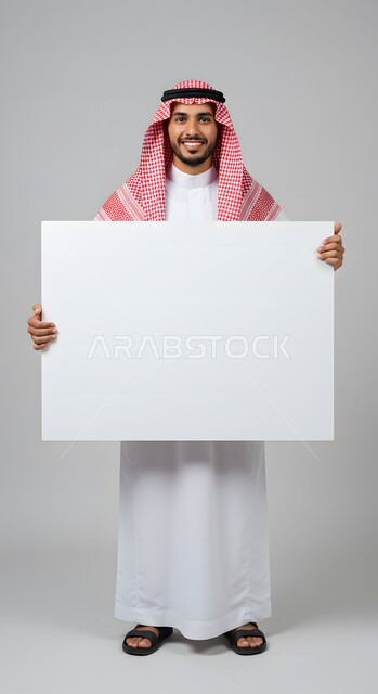 استخدام لوحة توضيحية ووسيلة تعليمية، عرض وإعلان تسويقي، موك اب مربع أبيض، بورتريه لشاب عربي خليجي سعودي مبتسم يرتدي الثوب التقليدي والشماغ يحمل بيده لوحه بيضاء مربعه فارغة ينظر إلى الكاميرا بإيماءات السرور، صورة الجسم بالطول الكامل، خلفية ملونة