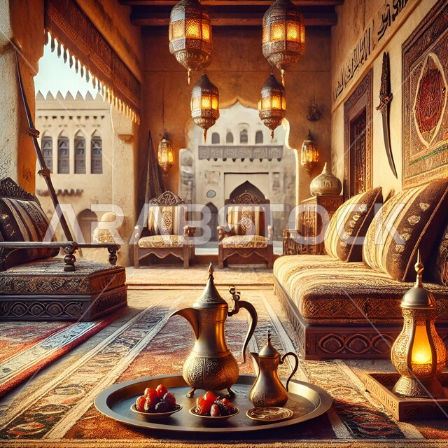 تحفة واكسسوار راقي في المملكة العربية السعودية، مجلس شعبي مع أثاث منزلي فاخر، الفن الهندسي المعماري, الفانوس المعلق المعدني, جدار طيني على الطراز العربي الاسلامي القديم