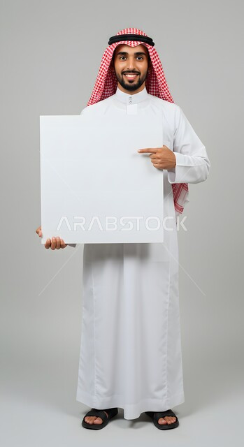 Advertisement and marketing presentation, white square mockup, using illustration board and educational tool, portrait of a smiling Saudi Arabian Gulf young man wearing traditional thobe and shemagh pointing index finger at blank white square board looking at camera with gestures of pleasure, full body image, colored background
