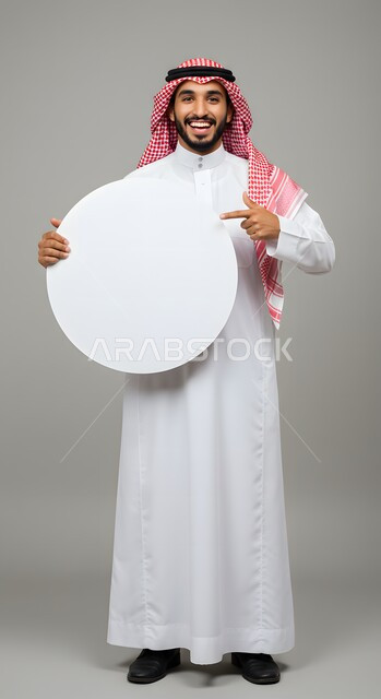 موك اب دائري أبيض، استخدام لوحة توضيحية ووسيلة تعليمية، إعلان وعرض تسويقي، بورتريه لشاب عربي خليجي سعودي مبتسم يرتدي الثوب التقليدي والشماغ يشير بإصبع السبابة الى لوحه بيضاء مدورة فارغة ينظر إلى الكاميرا بإيماءات السرور، صورة الجسم بالطول الكامل، خلفية ملونة