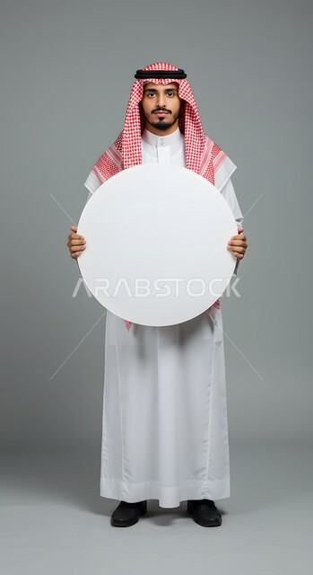عرض و إعلان تسويقي، موك اب دائري أبيض، استخدام لوحة توضيحية ووسيلة تعليمية، بورتريه لشاب عربي خليجي سعودي يرتدي الثوب التقليدي والشماغ يحمل بيده لوحه بيضاء مدورة فارغة ينظر إلى الكاميرا بإيماءات الثقة بالنفس، صورة الجسم بالطول الكامل، خلفية ملونة