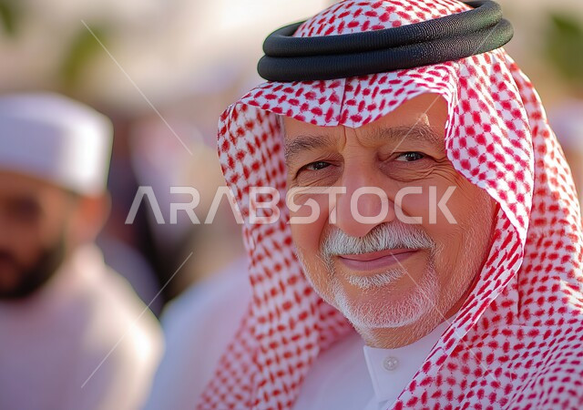 تعابير البشاشة والسرور، الاهتمام بالمظهر الخارجي، صورة مقربة لرجل كبير بالسن عربي خليجي سعودي يرتدي الشماغ والثوب التقليدي ينظر الى الكاميرا بإيماءات الفرح, مفهوم الاناقة و الاهتمام بالمظهر الخارجي