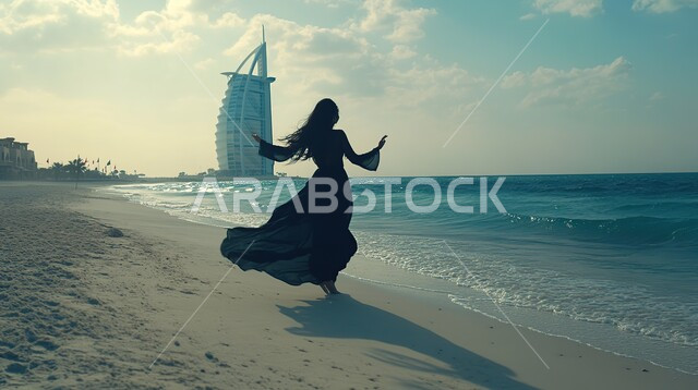  التقدم و التطور العمراني في الامارات العربية المتحدة, فن الهندسة المعمارية المتميزة للابراج و ناطحات السحاب, مكان ومعلم ترفيهي سياحي, صورة من الخلف لسائحة تستمتع بوقت الفراغ على شاطئ الخليج العربي, تصميم هندسي لبرج العرب على الطراز الحديث في دبي